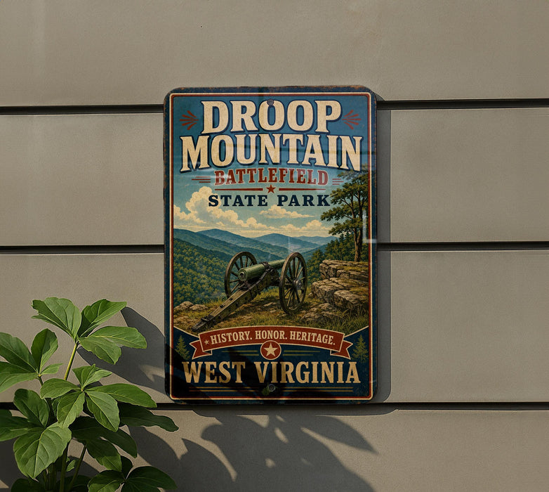A vintage metal sign for Droop Mountain Battlefield State Park in West Virginia, featuring a cannon and a scenic mountain landscape.