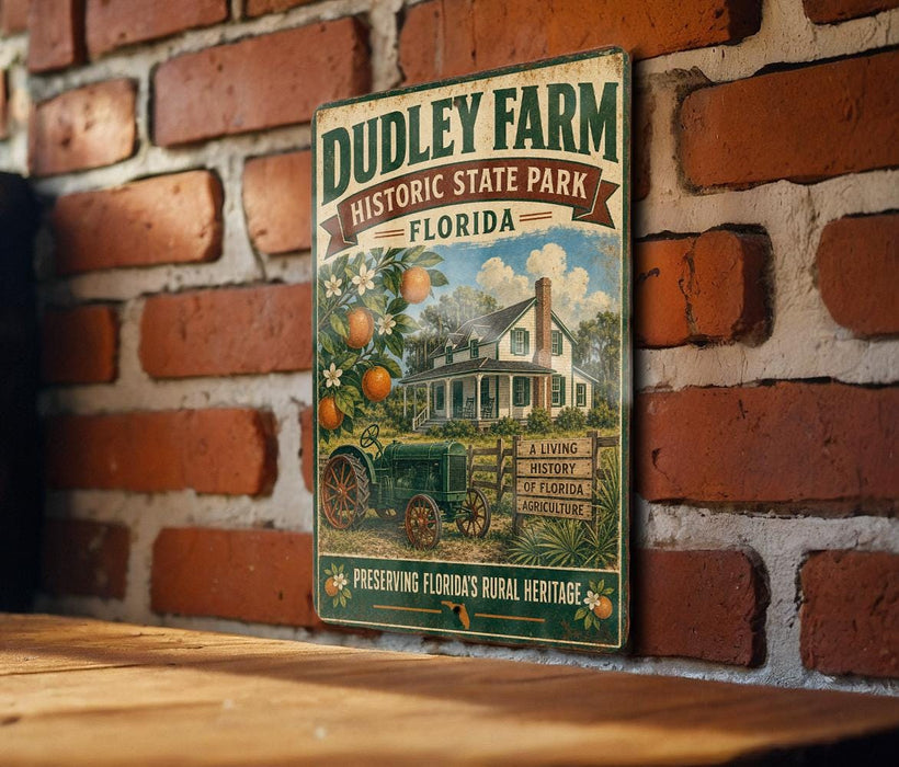 A vintage metal sign for Dudley Farm Historic State Park in Florida, featuring an illustration of a farm scene with a tractor and orange trees.