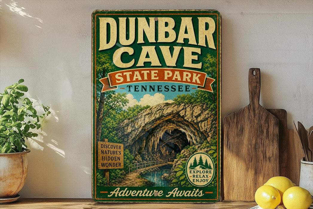A vintage-style sign for Dunbar Cave State Park in Tennessee, featuring a scenic illustration of the cave and the surrounding nature.