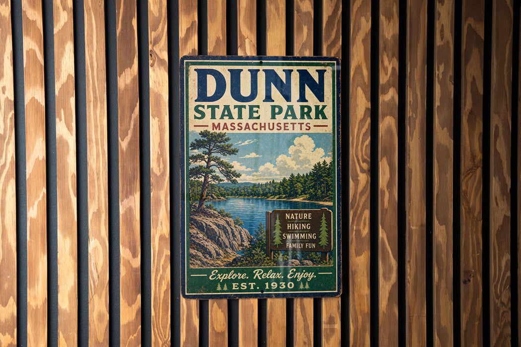 A vintage metal sign for Dunn State Park in Massachusetts, featuring a scenic landscape with a lake and pine trees.