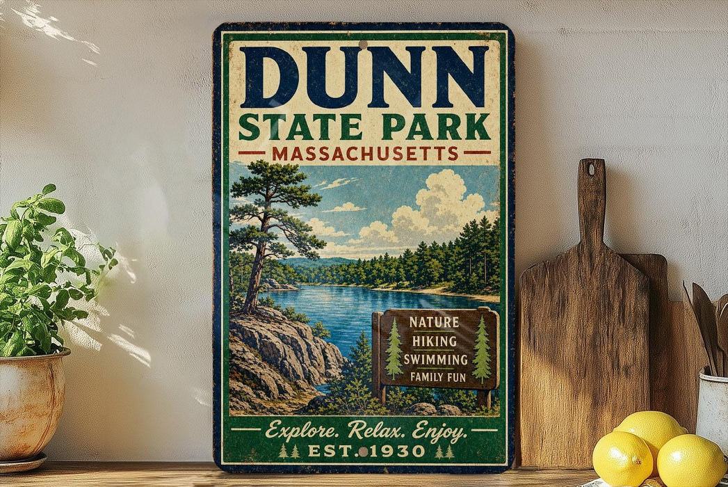 a vintage-style sign for Dunn State Park in Massachusetts, with a scenic illustration of a lake surrounded by trees and mountains.