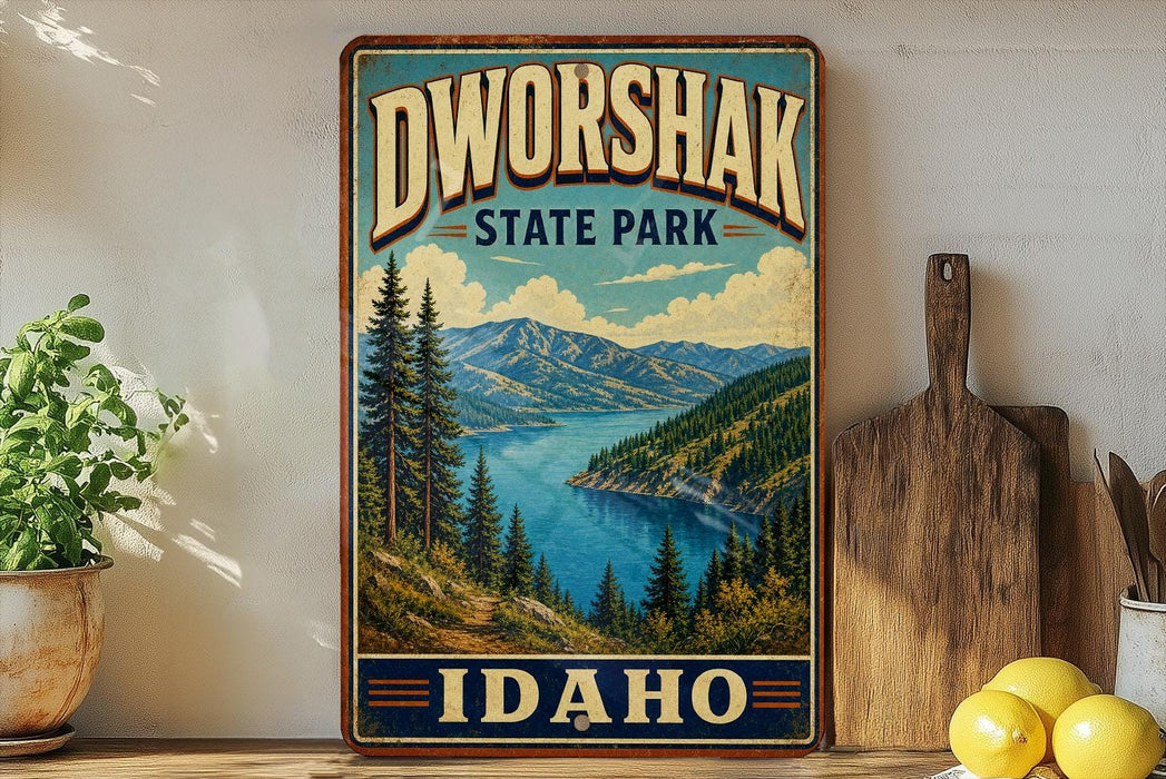 A vintage-style sign for Dworshak State Park in Idaho, featuring a scenic landscape with pine trees, mountains, and a lake.