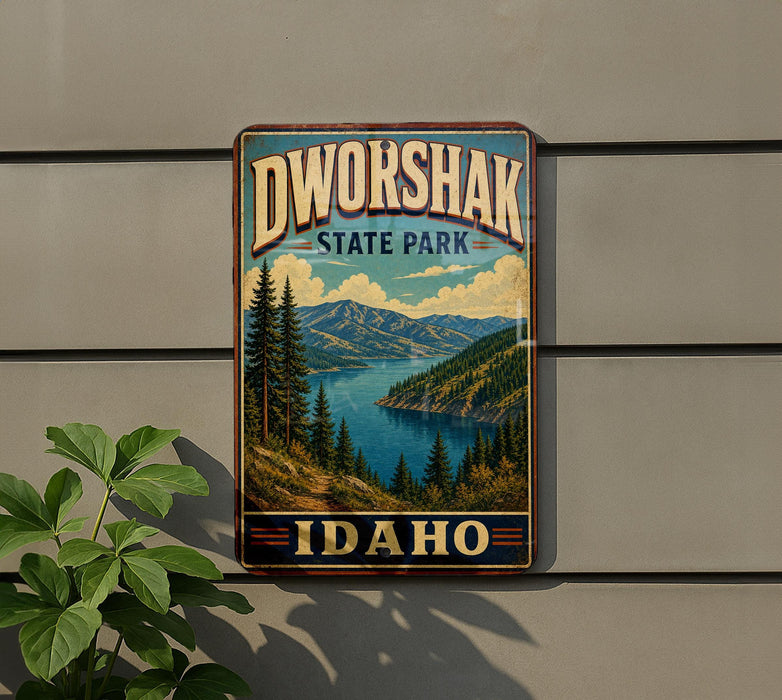 A vintage-style metal sign for Dworshak State Park in Idaho, featuring a scenic landscape with pine trees, mountains, and a lake.