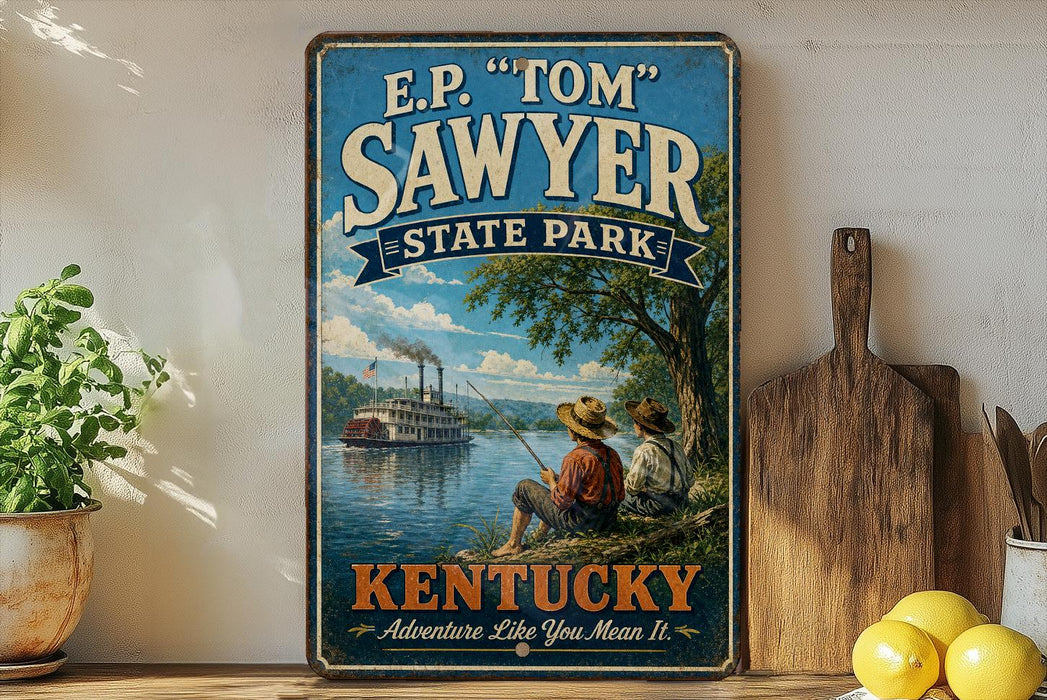 A vintage-style sign for E.P. "Tom" Sawyer State Park in Kentucky, featuring a river scene with a steamboat and two people sitting on a bench.