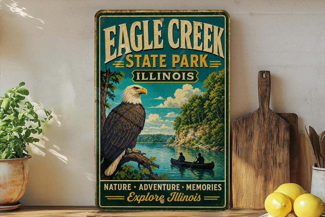 A vintage-style sign for Eagle Creek State Park in Illinois, featuring an eagle perched on a tree branch overlooking a river with a canoe in the distance.