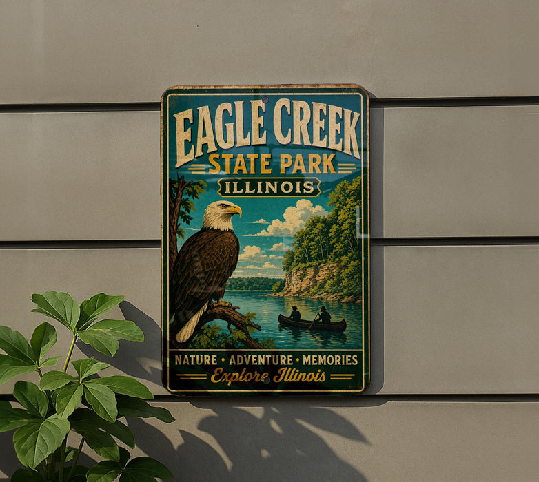 A vintage-style metal sign for Eagle Creek State Park in Illinois, featuring an eagle perched on a tree branch and a river with people in a boat.