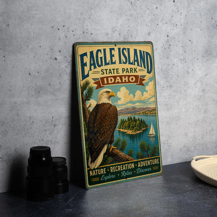 A vintage-style metal sign for Eagle Island State Park in Idaho, featuring an illustration of a bald eagle perched on a tree branch overlooking a scenic lake and mountains.