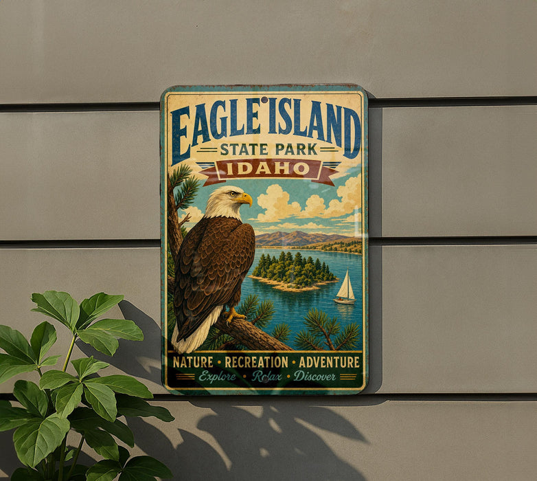 A vintage-style metal sign for Eagle Island State Park in Idaho, featuring an eagle perched on a tree branch and a scenic landscape with a lake and mountains in the background.