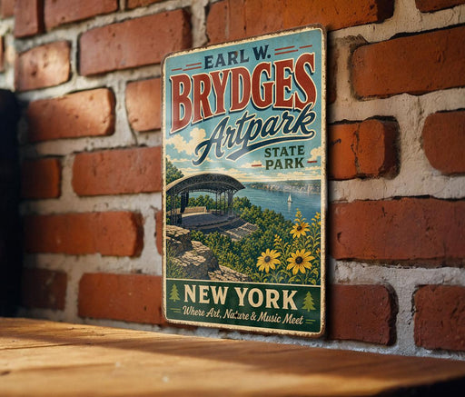 A vintage-style metal sign for "Brydges Artpark" in New York, featuring a scenic illustration of the park and its surroundings.