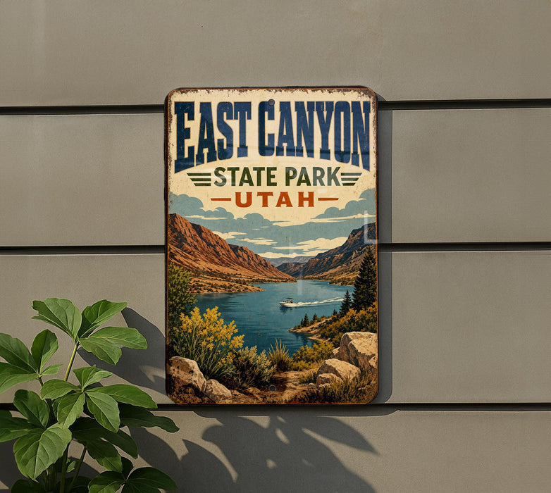 A vintage-style sign for East Canyon State Park in Utah, featuring a scenic landscape with mountains, a lake, and a boat on the water.