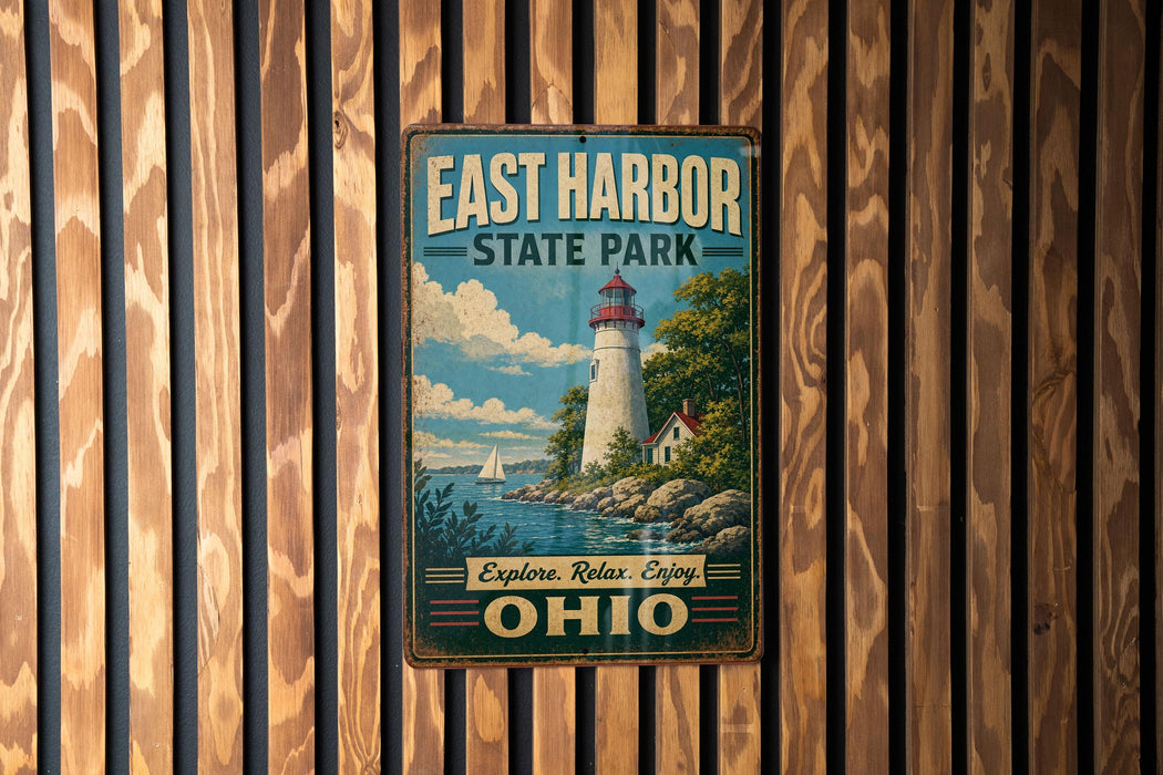 A vintage-style metal sign for East Harbor State Park in Ohio, featuring a lighthouse and a scenic landscape.