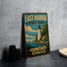 A vintage-style sign for East Harbor State Park in Ohio, featuring a lighthouse and a scenic landscape.