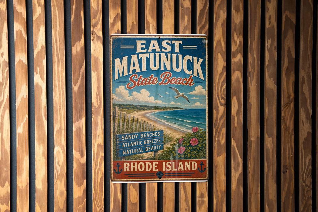 A vintage-style sign for East Matunuck State Beach, featuring a beach scene with a bird flying overhead and text indicating the location.