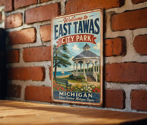 A vintage metal sign with the text "Welcome to East Tawas City Park" and an illustration of a gazebo and a lake, mounted on a brick wall.