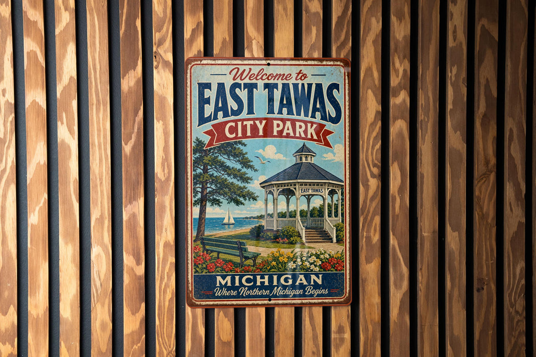 A vintage metal sign welcoming visitors to East Tawas City Park in Michigan, featuring a gazebo and a scenic waterfront view.