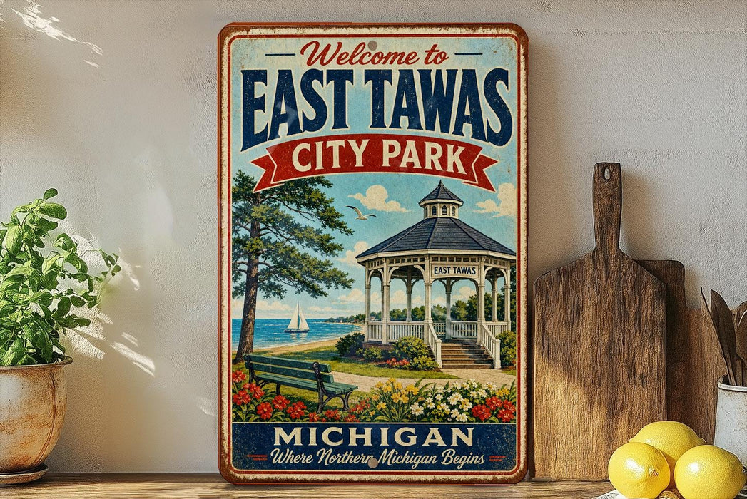 a vintage-style sign for East Tawas City Park, with a gazebo and a scenic view of the lake and mountains in the background.