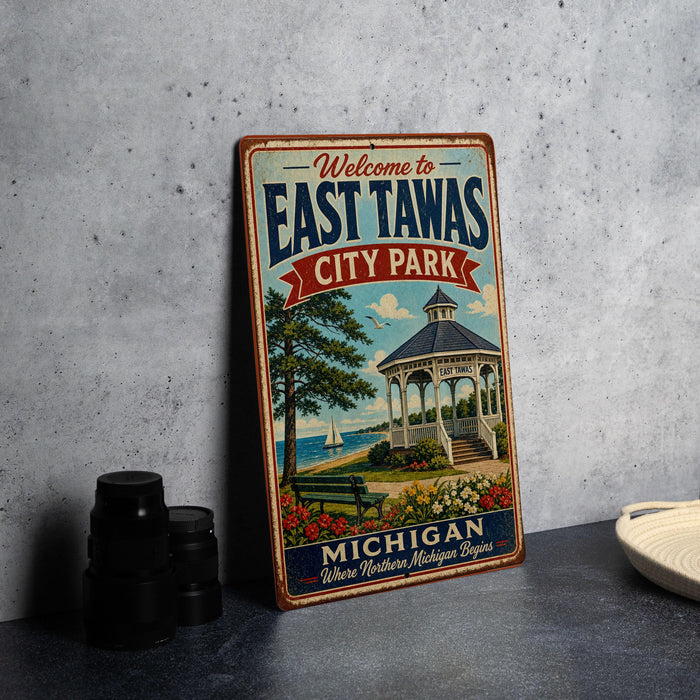 A vintage-style metal sign welcoming visitors to East Tawas City Park in Michigan, featuring a gazebo and a scenic waterfront view.