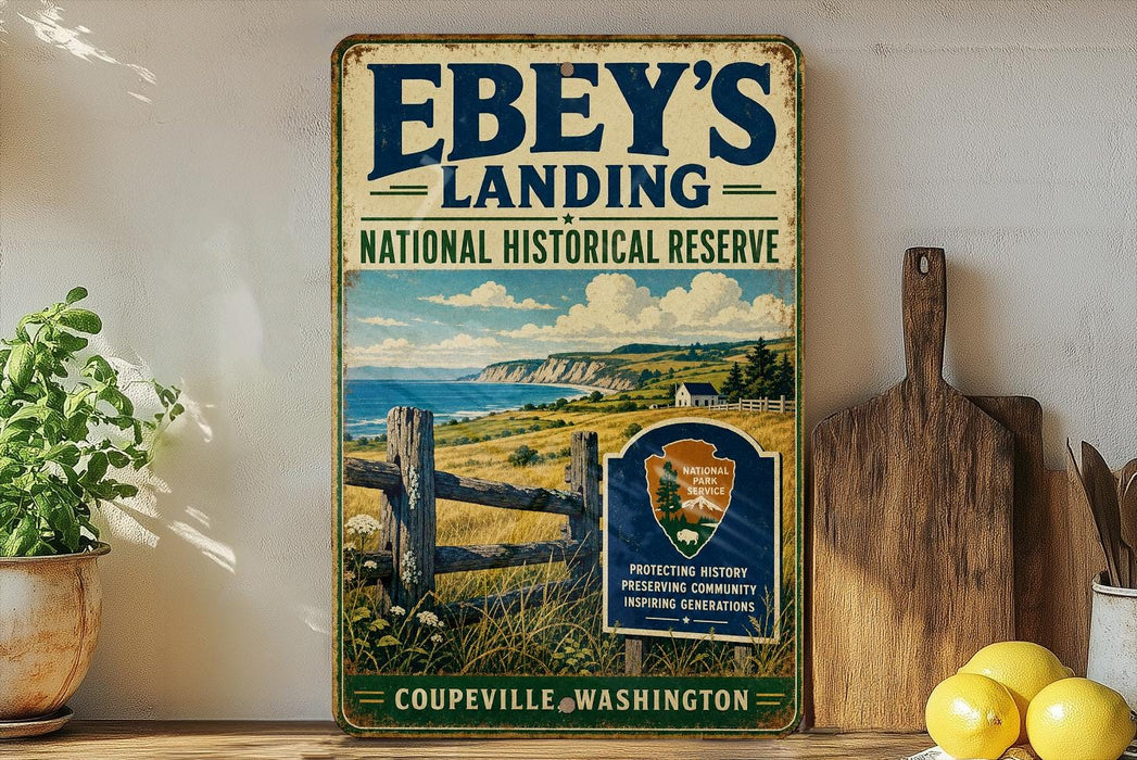a vintage-style metal sign for Ebey's Landing National Historical Reserve in Washington, with a scenic landscape of cliffs, grass, and water in the background.