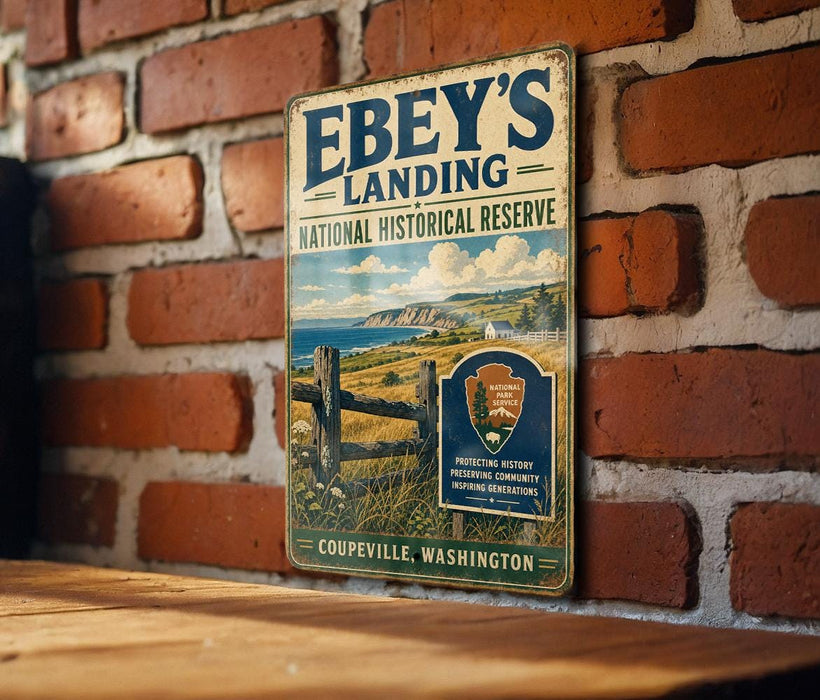 A vintage-style metal sign for the National Historical Reserve, featuring a scenic landscape with a wooden fence and a mountain in the background.