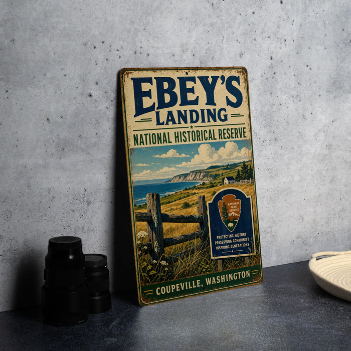 A vintage-style metal sign for the Ebey's Landing National Historical Reserve, featuring a scenic landscape with a wooden fence and a sign for Coupeville, Washington.