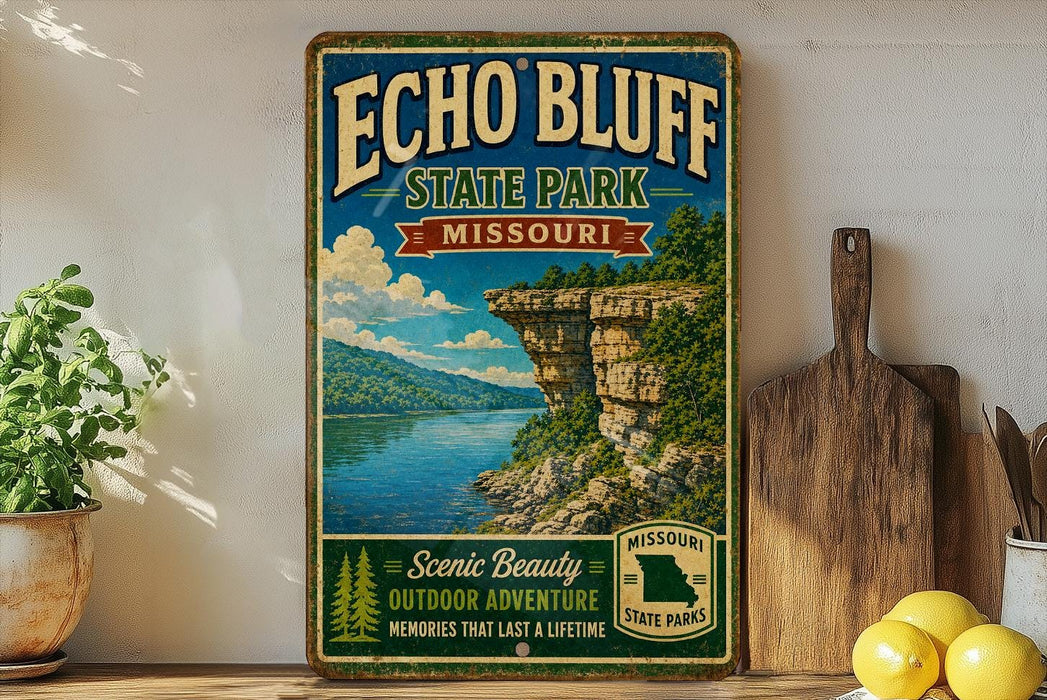 A vintage-style sign for Echo Bluff State Park in Missouri, featuring a scenic landscape with a lake and cliffs, is displayed on a shelf next to a wooden cutting board and some lemons.