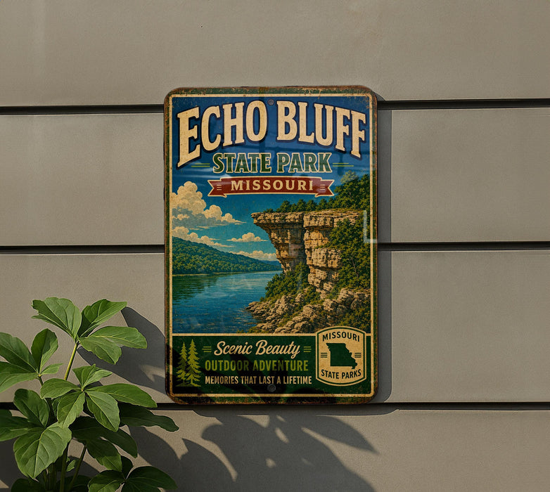 A vintage-style sign for Echo Bluff State Park in Missouri, featuring a scenic landscape with a cliff overlooking a lake.