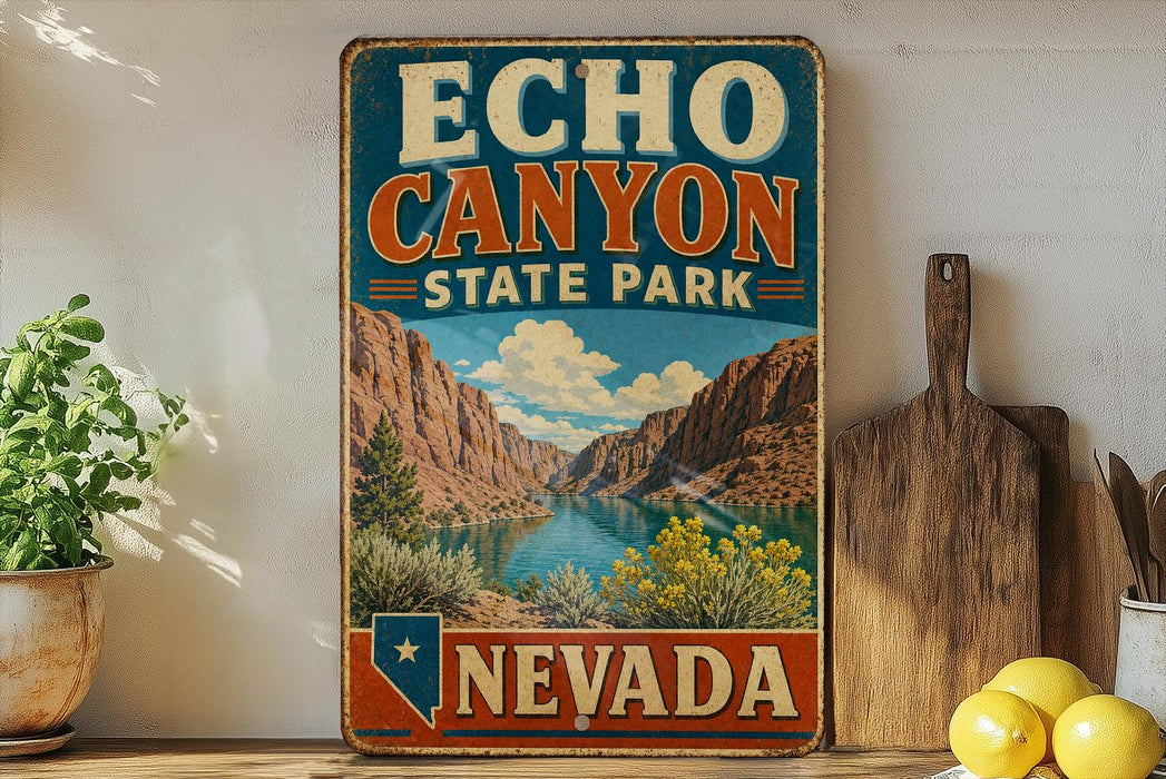 A vintage-style sign for Echo Canyon State Park in Nevada, featuring a scenic landscape with mountains, a lake, and a desert backdrop.