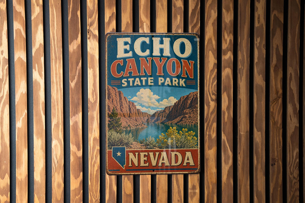 A vintage metal sign for Echo Canyon State Park in Nevada, featuring a scenic illustration of the canyon landscape.