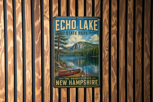 A vintage-style metal sign for Echo Lake State Park in New Hampshire, featuring a scenic landscape with a lake, mountains, and a canoe.