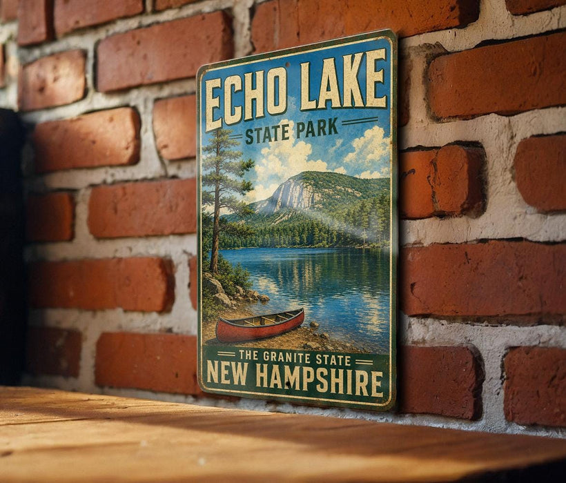 A vintage-style metal sign for Echo Lake State Park in New Hampshire, featuring a scenic image of a lake with a canoe and mountains in the background.