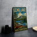 A vintage-style metal sign for Echo Lake State Park in New Hampshire, featuring a scenic image of a lake, mountains, and a red canoe.