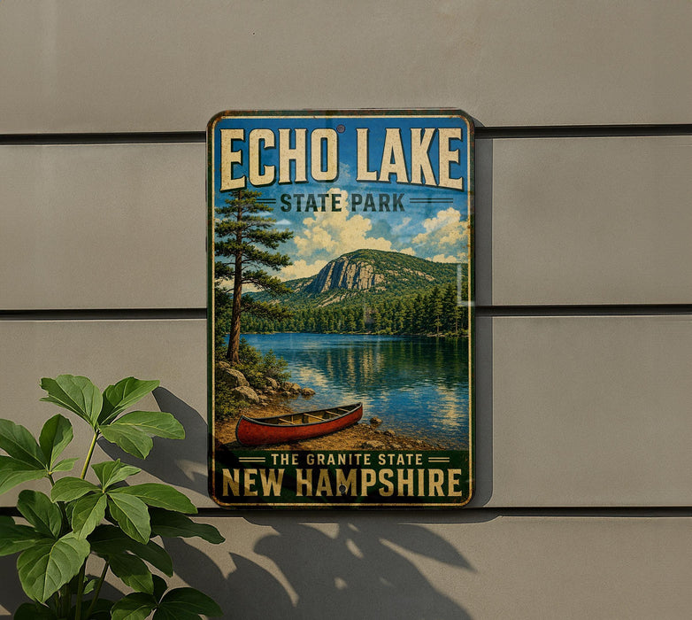 A vintage-style metal sign for Echo Lake State Park in New Hampshire, featuring a scenic image of a lake, mountains, and a canoe.