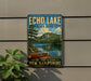 A vintage-style metal sign for Echo Lake State Park in New Hampshire, featuring a scenic image of a lake, mountains, and a canoe.