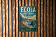 A vintage-style metal sign for Oregon State Park, featuring a scenic coastal landscape with mountains, trees, and a beach.