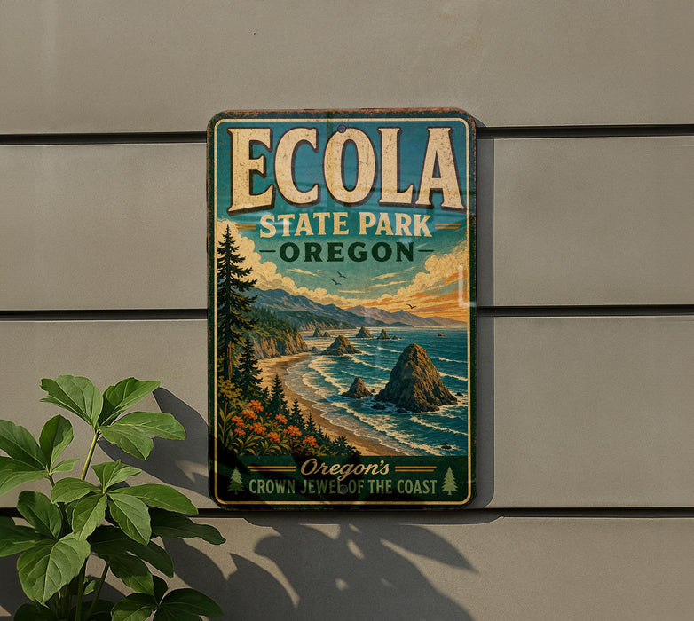A vintage-style metal sign for Oregon State Park, featuring a scenic coastal landscape with mountains, cliffs, and a beach.