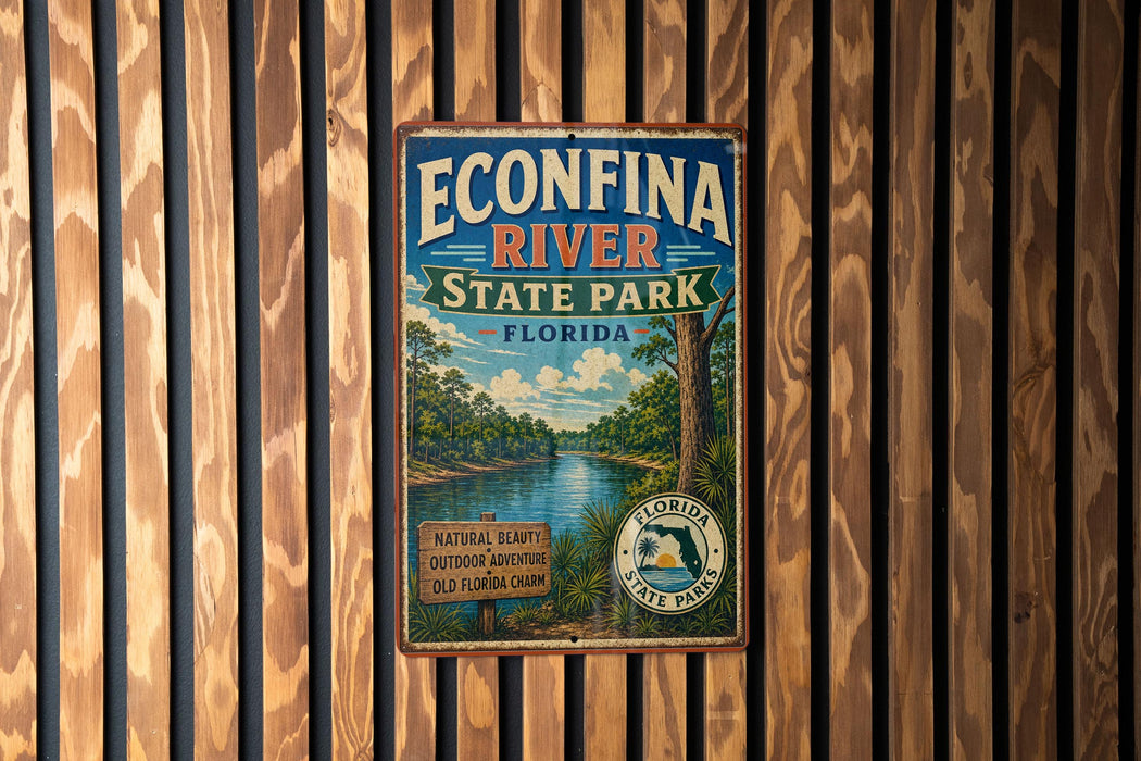 A vintage-style sign for Econfina River State Park in Florida, featuring a scenic image of the river surrounded by lush greenery.