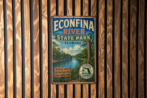 A vintage-style sign for Econfina River State Park in Florida, featuring a scenic image of the river surrounded by lush greenery.