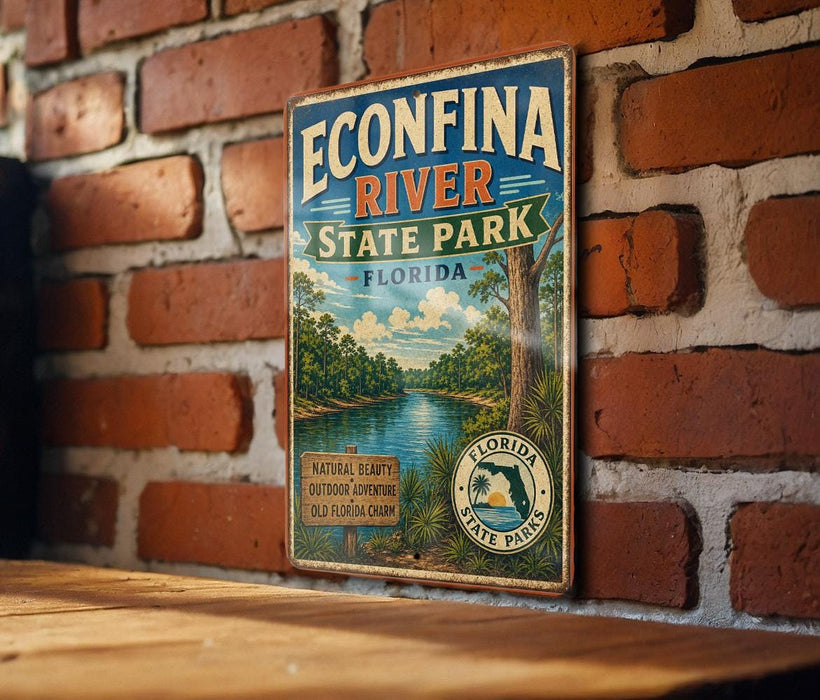A vintage-style sign for Econfina River State Park in Florida, featuring a scenic illustration of the park's natural beauty and outdoor activities.
