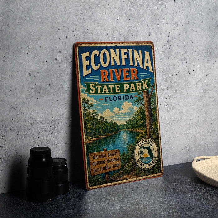 A vintage-style sign for Econfina River State Park in Florida, featuring a scenic illustration of the river and surrounding landscape.