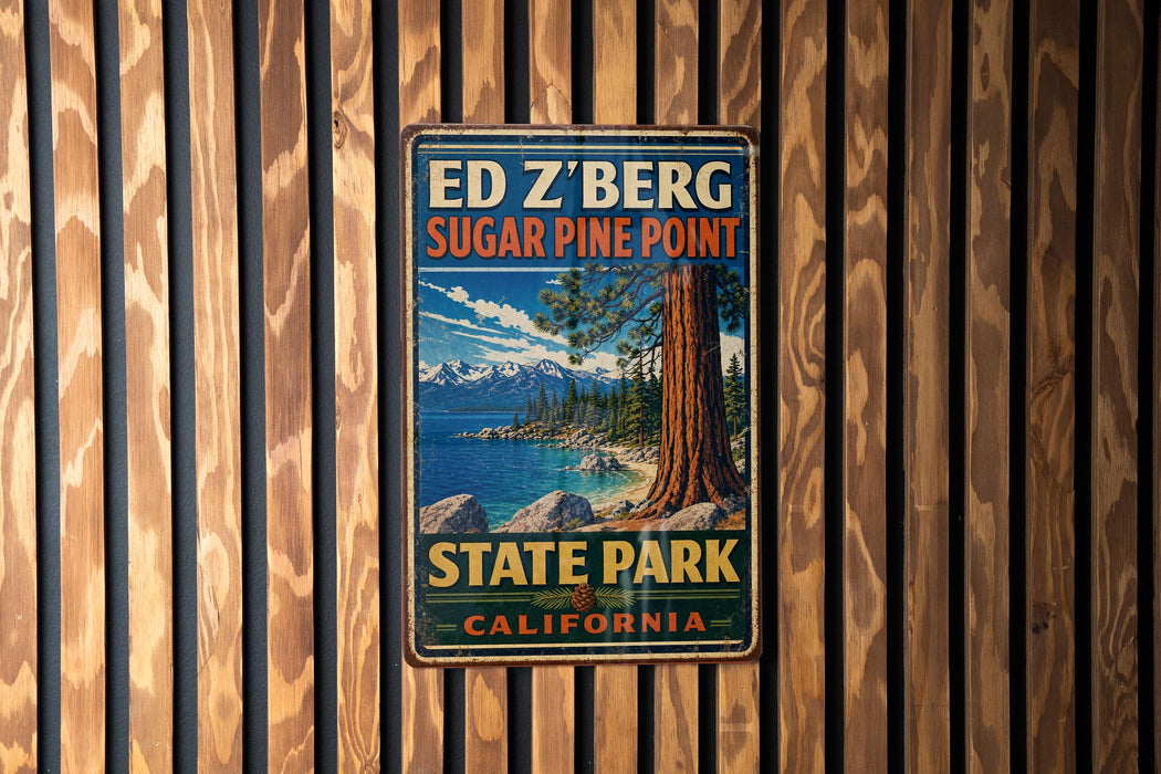 A vintage-style metal sign for Ed Zberg Sugar Pine Point State Park in California, featuring a scenic landscape with a pine tree and mountains in the background.