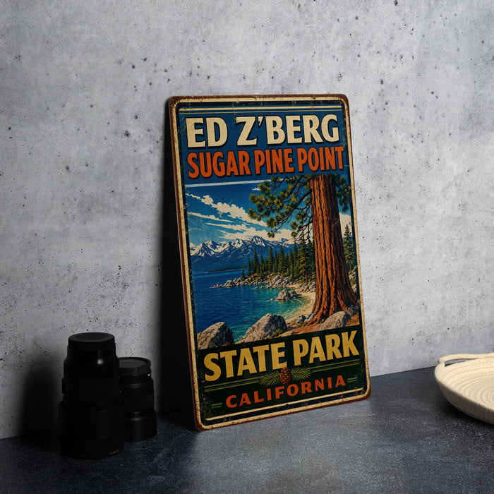 A vintage-style metal sign for Ed Z'berg Sugar Pine Point State Park in California, featuring a scenic image of a pine tree and mountains.