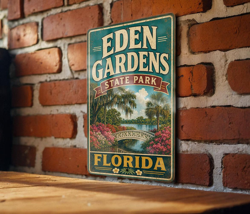 A vintage-style metal sign for Eden Gardens State Park in Florida, featuring a tropical landscape with palm trees, a bridge, and colorful flowers.