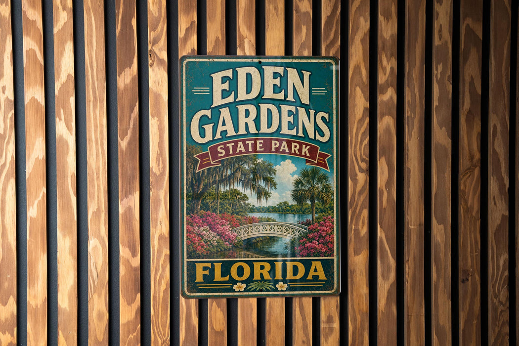 A vintage-style metal sign for Eden Gardens State Park in Florida, featuring a tropical landscape with palm trees, flowers, and a bridge.
