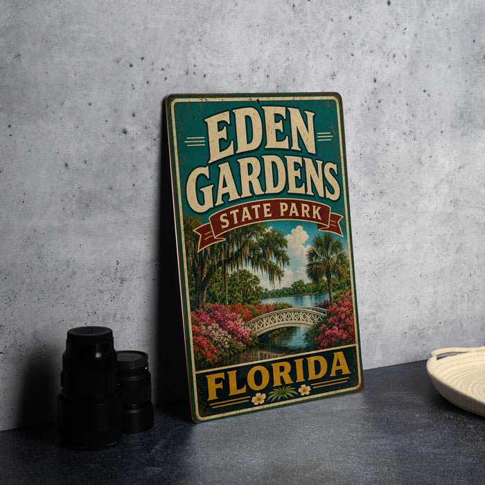 A vintage-style metal sign for Eden Gardens State Park in Florida, featuring a scenic illustration of a bridge, palm trees, and a body of water.