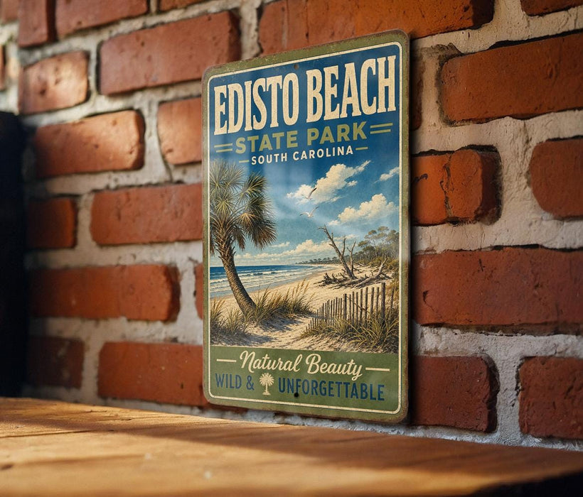 A vintage-style metal sign for Edisto Beach State Park in South Carolina, featuring a beach scene with palm trees and a clear blue sky.