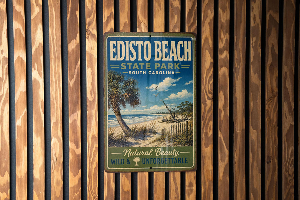 A vintage-style metal sign for Edisto Beach State Park in South Carolina, featuring a palm tree and beach scene.