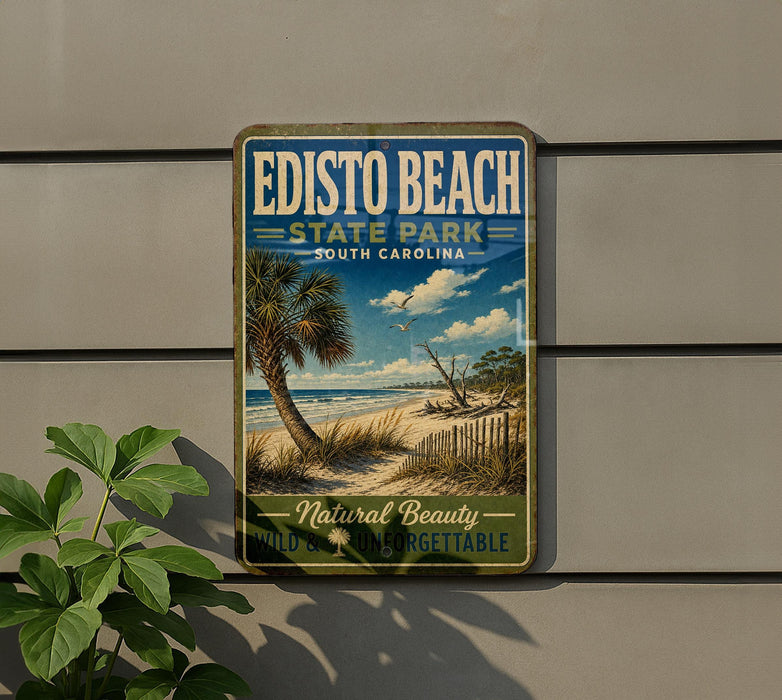 A vintage-style sign for Edisto Beach State Park in South Carolina, featuring a palm tree and beach scene.