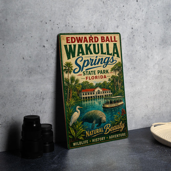 A vintage-style metal sign for Edward Ball Wakulla Springs State Park, Florida, featuring illustrations of the park's natural beauty and wildlife.