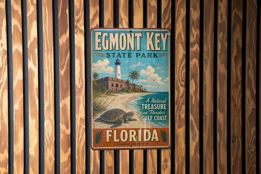 A vintage-style metal sign for Egmont Key State Park in Florida, featuring a lighthouse and beach scene.