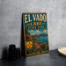 A vintage-style metal sign for El Vado Lake State Park, featuring a scenic landscape with mountains, a lake, and a boat, along with the text "El Vado Lake State Park" and "Adventure Awaits".